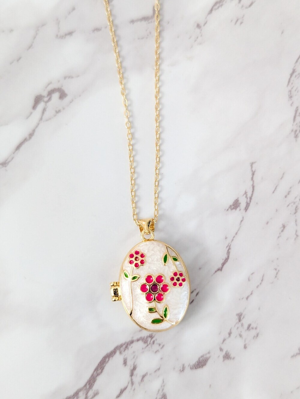 Floral Enamel Photo Locket Necklace Gold Tone Pink Flower Keepsake Pendant - Picture 4 of 8